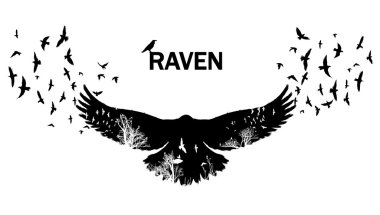 The black raven fluttering. Double exposure effect clipart