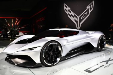 Chevrolet CORVETTE CX Konsepti 2025 Los Angeles Otomobil Fuarı 'nda. Los Angeles Otomobil Fuarı Kuzey Amerika 'daki en büyük otomobil fuarlarından biridir.