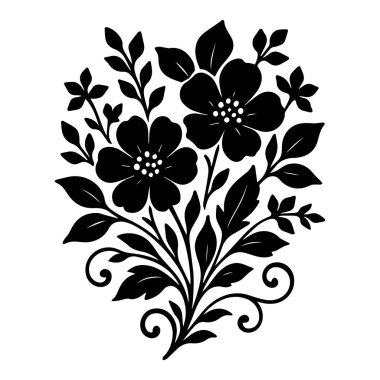 Çiçekler ve Sarmaşık ile zarif çiçek silueti düzenlemesi, el yapımı sarmaşık çiçek yaprağı ve beyaz arka planda izole edilmiş vektör illüstrasyonları. Sarmaşık yaprağının siyah silueti. Sarmaşık çiçeğinin siyah bir siluetinin çizimi
