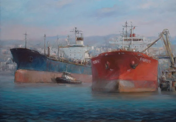 Tanker ships, classic handmade painting — Stock Photo, Image