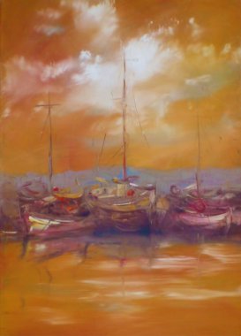 liman el yapımı resimde demirleyen tekneleri