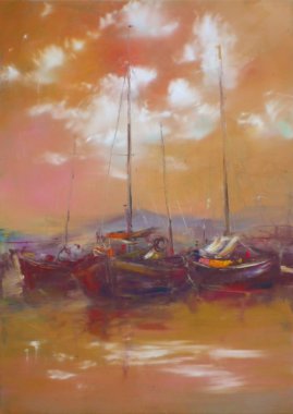 boats moored in the harbor handmade painting clipart