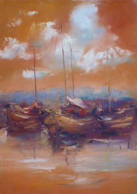 liman el yapımı resimde demirleyen tekneleri