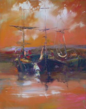 liman el yapımı resimde demirleyen tekneleri