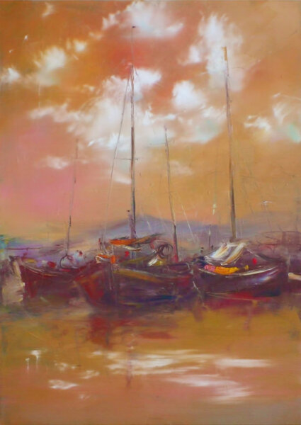 boats moored in the harbor handmade painting