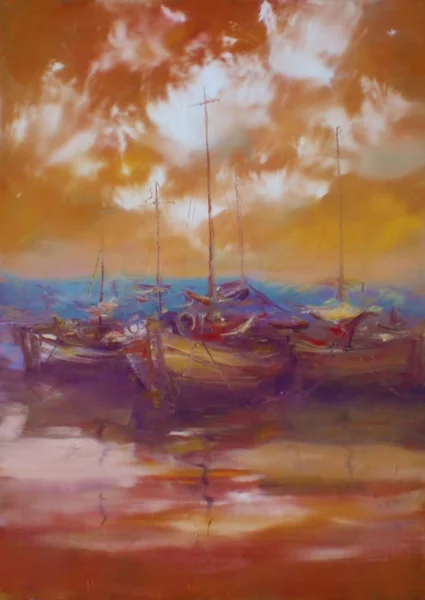 Boats moored in the harbor handmade painting — Stock Photo, Image