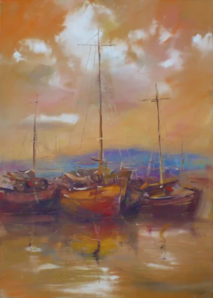 Boats moored in the harbor handmade painting — Stock Photo, Image