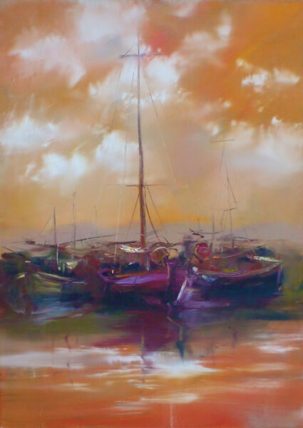 лодки пришвартованы в гавани ручной работы живописи
