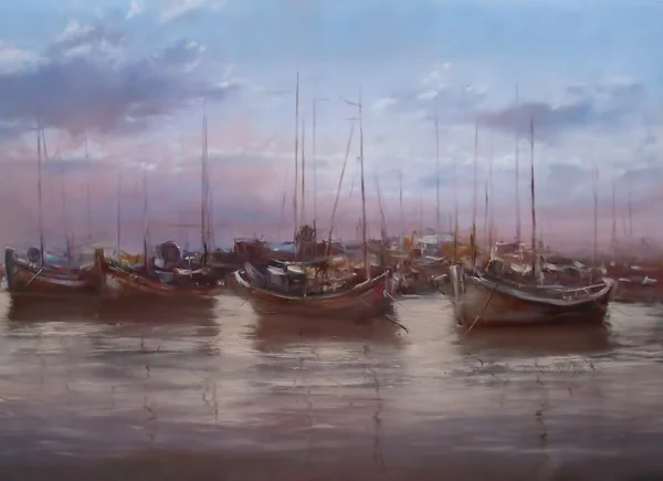 Båtar förtöjda i hamnen handgjorda målningen — Stockfoto