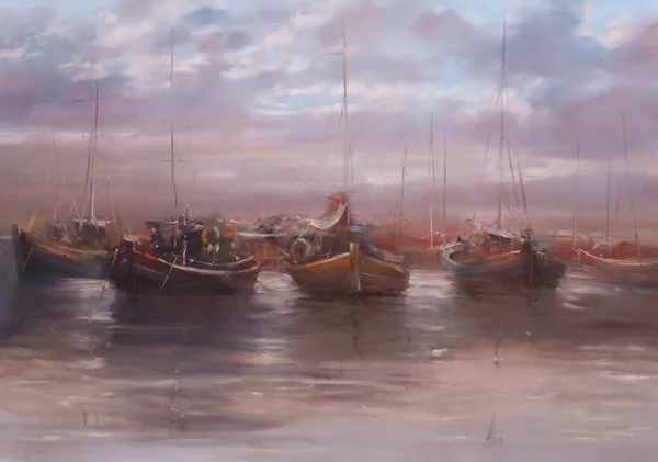 Boats moored in the harbor handmade painting — Stock Photo, Image