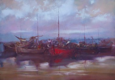 liman el yapımı resimde demirleyen tekneleri