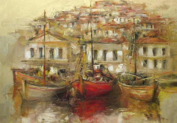 Barche sul porto dell'isola, pittura fatta a mano — Foto Stock