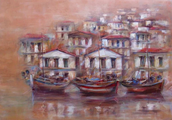Csónakok a sziget kikötőtől, kézzel készített festménye — Stock Fotó