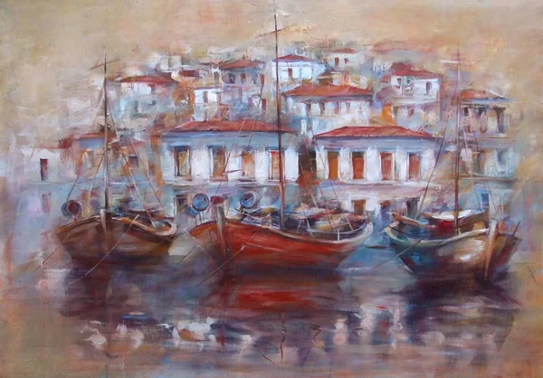 Barche sul porto dell'isola, pittura fatta a mano — Foto Stock