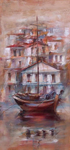 Båtar i ö hamnen, handgjorda målning — Stockfoto