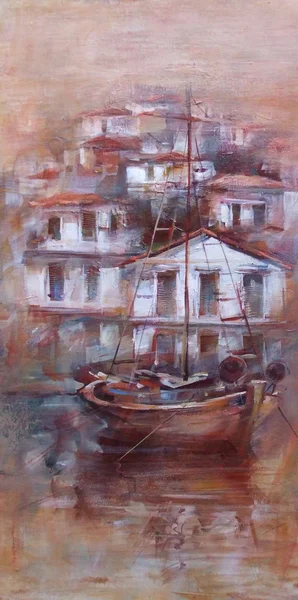Boote im Inselhafen, handgefertigte Malerei — Stockfoto