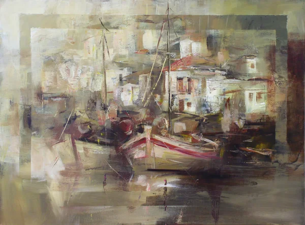 Barche sul porto dell'isola, pittura fatta a mano — Foto Stock