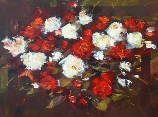 白や赤いバラ、手作りの絵画 — ストック写真