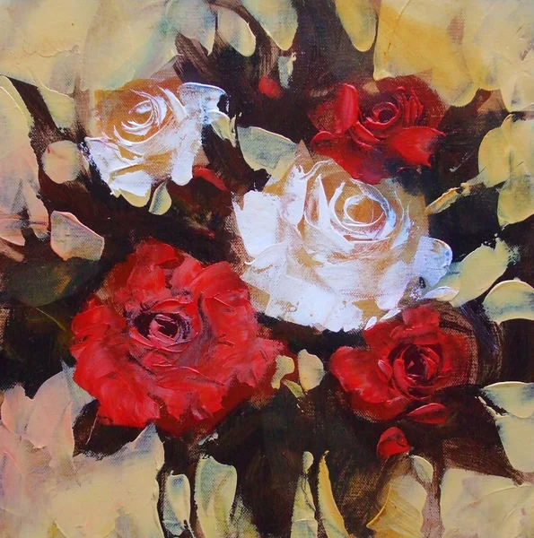 Rose bianche e rosse, pittura fatta a mano — Foto Stock