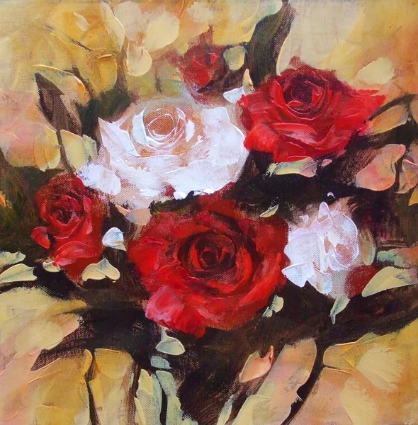 Weiße und rote Rosen, handgefertigte Malerei — Stockfoto