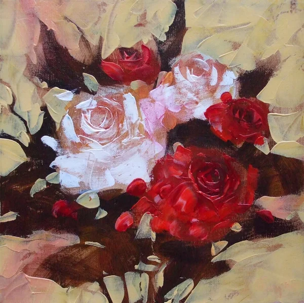 白色和红色的玫瑰，手工绘画 — 图库照片