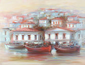Картина, постер, плакат, фотообои "boats on the island harbor,handmade painting", артикул 106542598