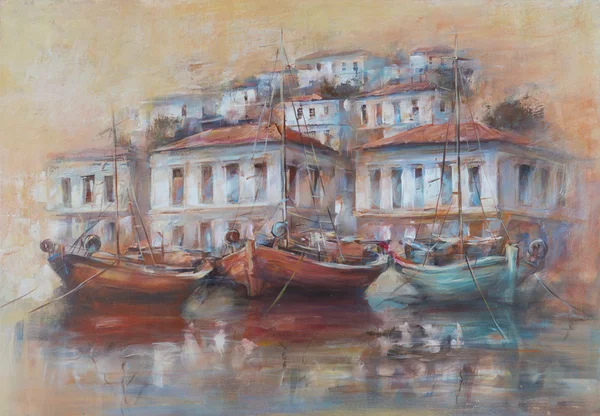 Barche sul porto dell'isola, pittura fatta a mano — Foto Stock