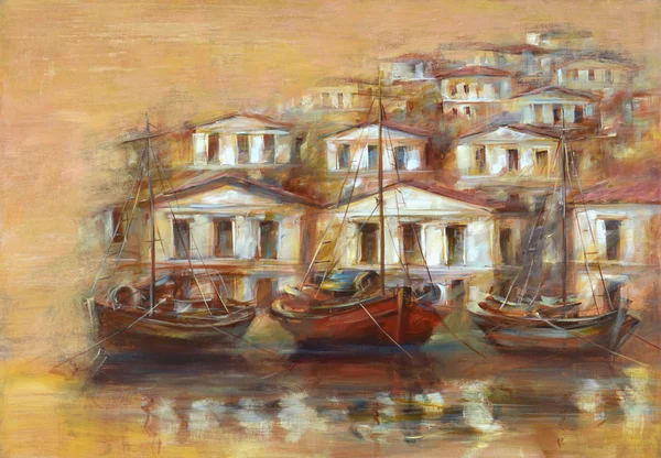 Barche sul porto dell'isola, pittura fatta a mano — Foto Stock