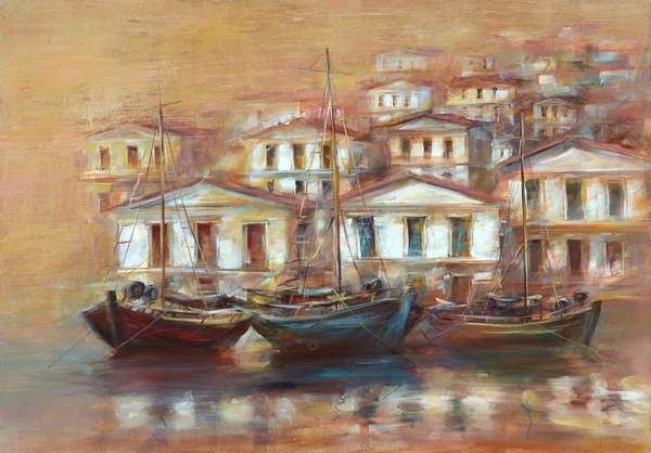 Barche sul porto dell'isola, pittura fatta a mano — Foto Stock