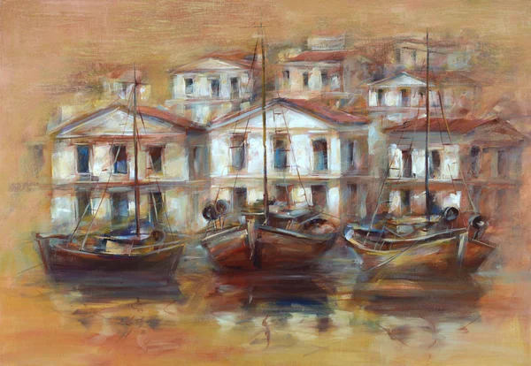 Barche sul porto dell'isola, pittura fatta a mano — Foto Stock