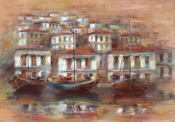 Barche sul porto dell'isola, pittura fatta a mano — Foto Stock