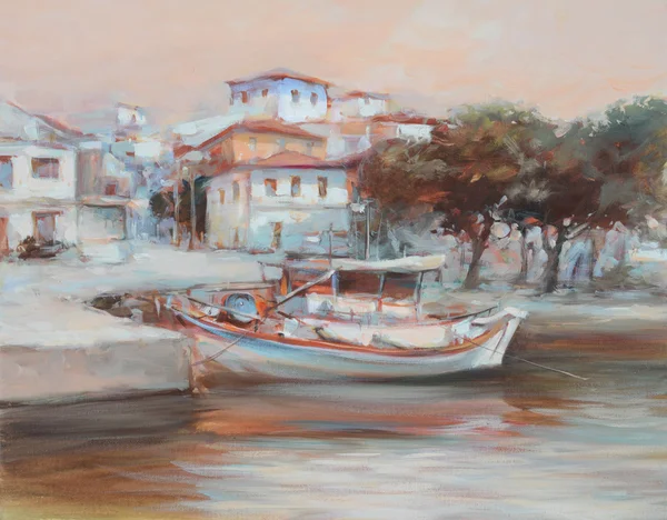 Лодки на острове гавань, ручной работы живопись — стоковое фото
