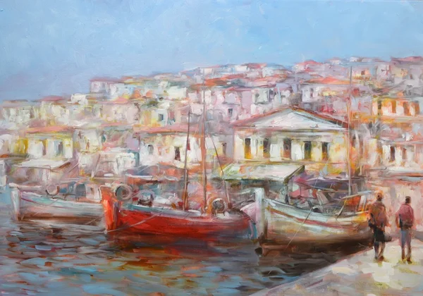 Barche sul porto dell'isola, pittura fatta a mano — Foto Stock