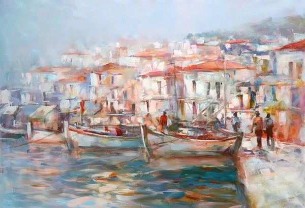 Barche sul porto dell'isola, pittura fatta a mano — Foto Stock