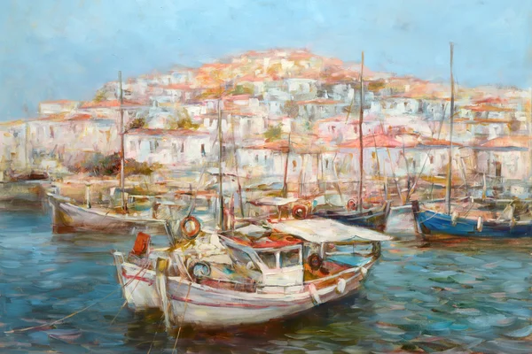 Barche sul porto dell'isola, pittura fatta a mano — Foto Stock