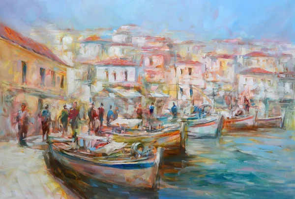 Barche sul porto dell'isola, pittura fatta a mano — Foto Stock