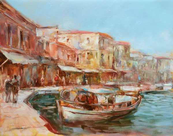 Barche sul porto dell'isola, pittura fatta a mano — Foto Stock