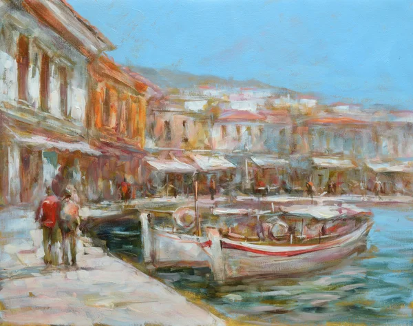 Csónakok a sziget kikötőtől, kézzel készített festménye — Stock Fotó