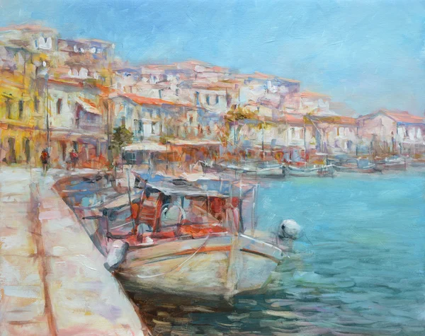 Barcos en el puerto de la isla, pintura hecha a mano —  Fotos de Stock
