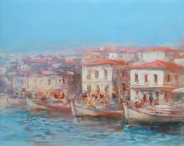 Barcos en el puerto de la isla, pintura hecha a mano — Foto de Stock