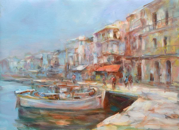 Barche sul porto dell'isola, pittura fatta a mano — Foto Stock