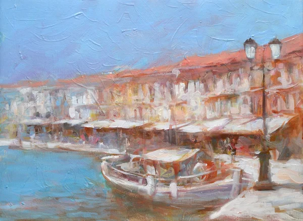 Barche sul porto dell'isola, pittura fatta a mano — Foto Stock