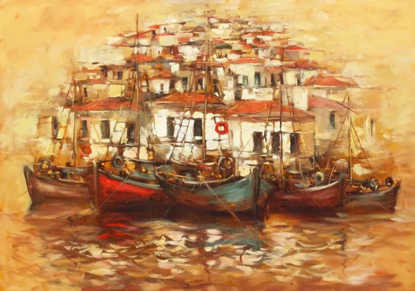 Barche sul porto dell'isola, pittura fatta a mano — Foto Stock