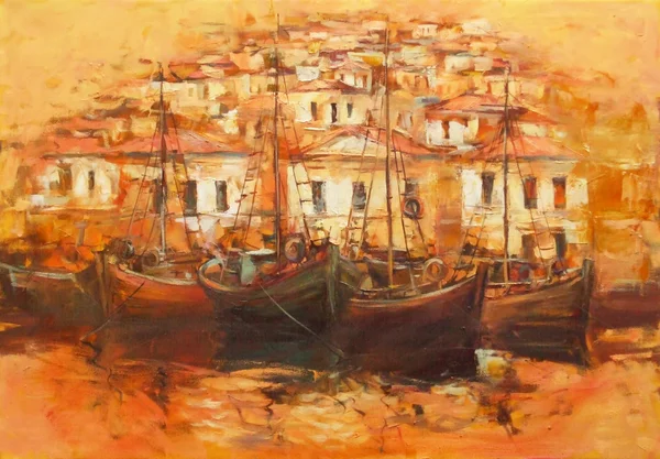 Barcos no porto da ilha, pintura artesanal — Fotografia de Stock