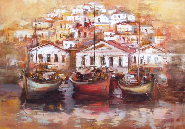 Barche sul porto dell'isola, pittura fatta a mano — Foto Stock