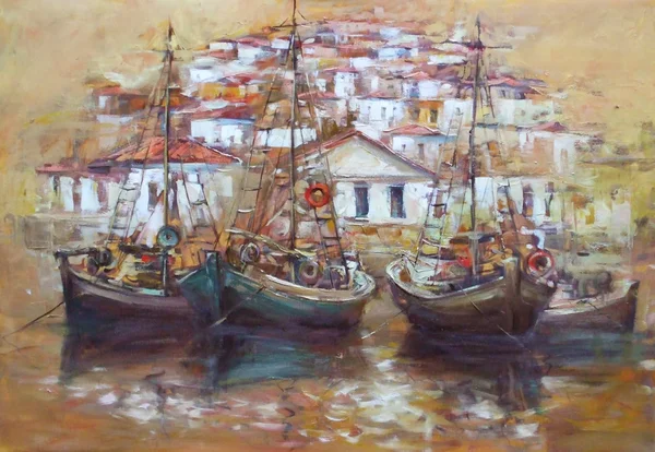 Barcos en el puerto de la isla, pintura hecha a mano —  Fotos de Stock