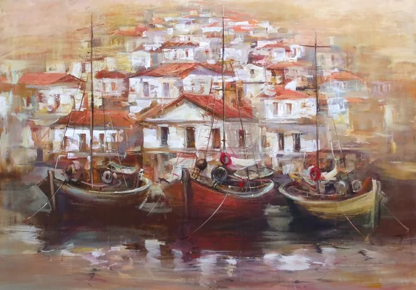 Barcos en el puerto de la isla, pintura hecha a mano —  Fotos de Stock