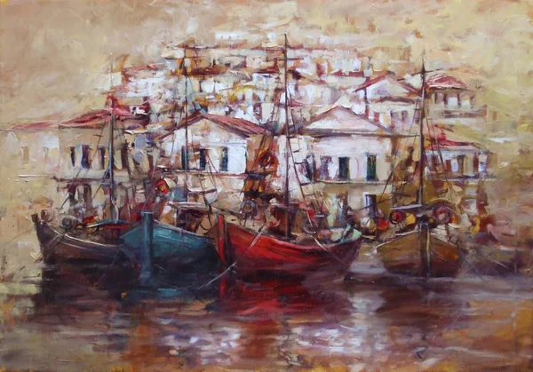 Boats on the island harbor,handmade painting — Stock Photo, Image