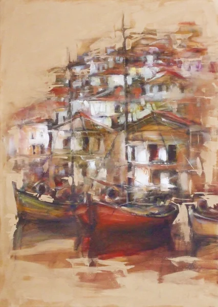 Barche sul porto dell'isola, pittura fatta a mano — Foto Stock