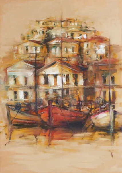 Boote im Inselhafen, handgefertigte Malerei — Stockfoto
